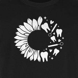 Dentist T-Shirt, Sunflower and Dental Tools Graphic for Hygienists, Students and Clinic Staff