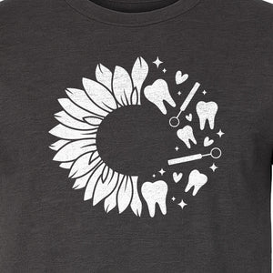 Dentist T-Shirt, Sunflower and Dental Tools Graphic for Hygienists, Students and Clinic Staff