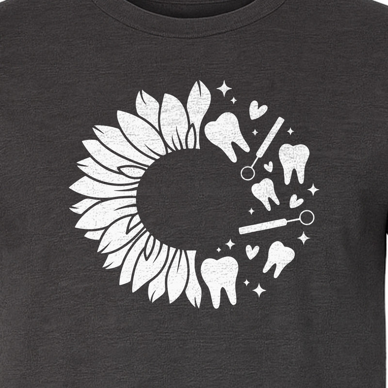 Dentist T-Shirt, Sunflower and Dental Tools Graphic for Hygienists, Students and Clinic Staff