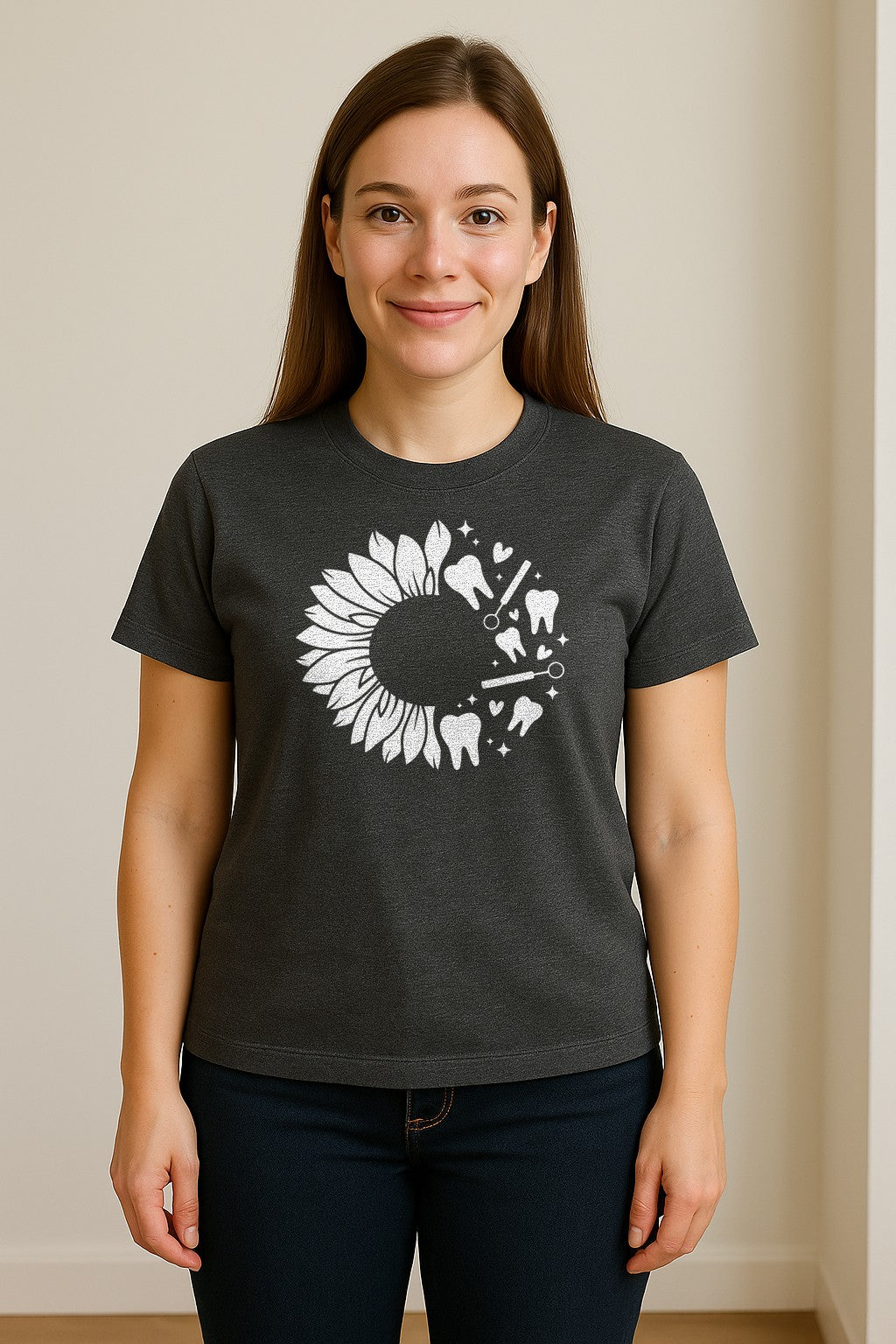 Dentist T-Shirt, Sunflower and Dental Tools Graphic for Hygienists, Students and Clinic Staff