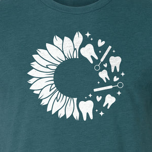 Dentist T-Shirt, Sunflower and Dental Tools Graphic for Hygienists, Students and Clinic Staff