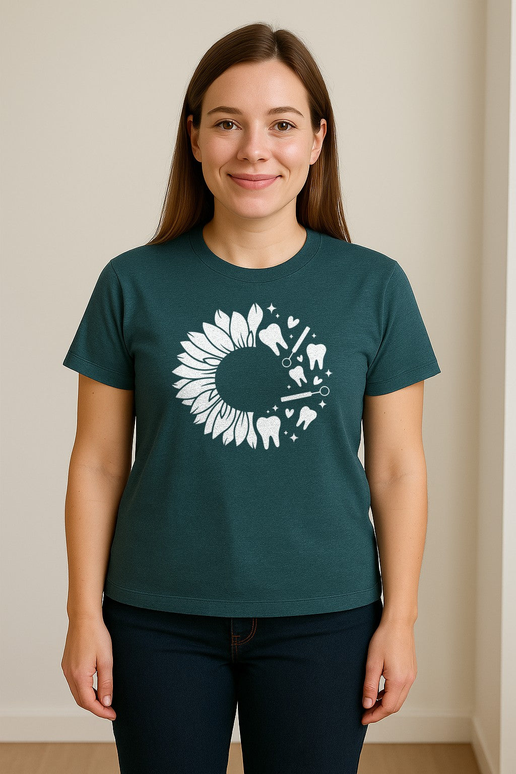 Dentist T-Shirt, Sunflower and Dental Tools Graphic for Hygienists, Students and Clinic Staff
