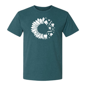 Dentist T-Shirt, Sunflower and Dental Tools Graphic for Hygienists, Students and Clinic Staff