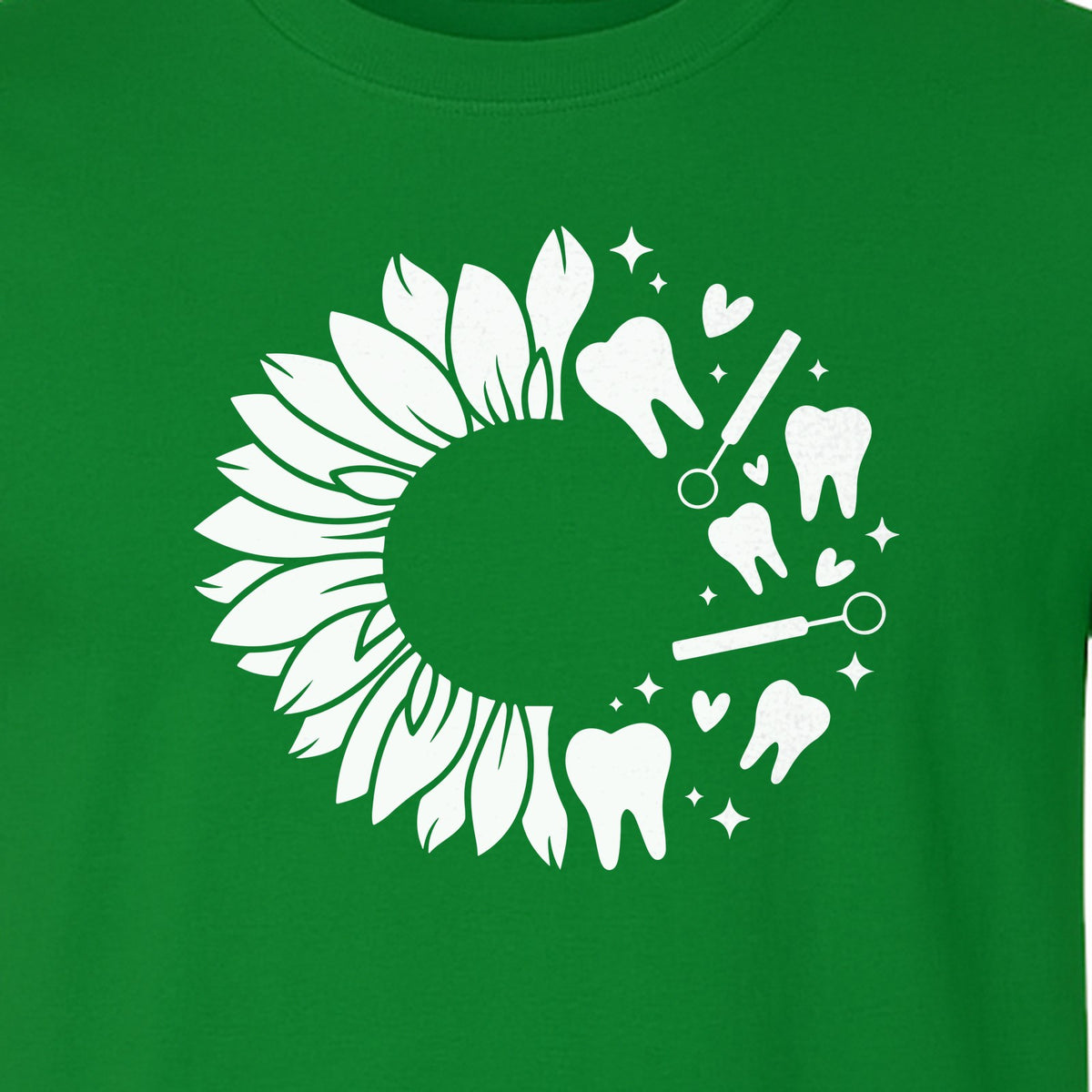 Dentist T-Shirt, Sunflower and Dental Tools Graphic for Hygienists, Students and Clinic Staff