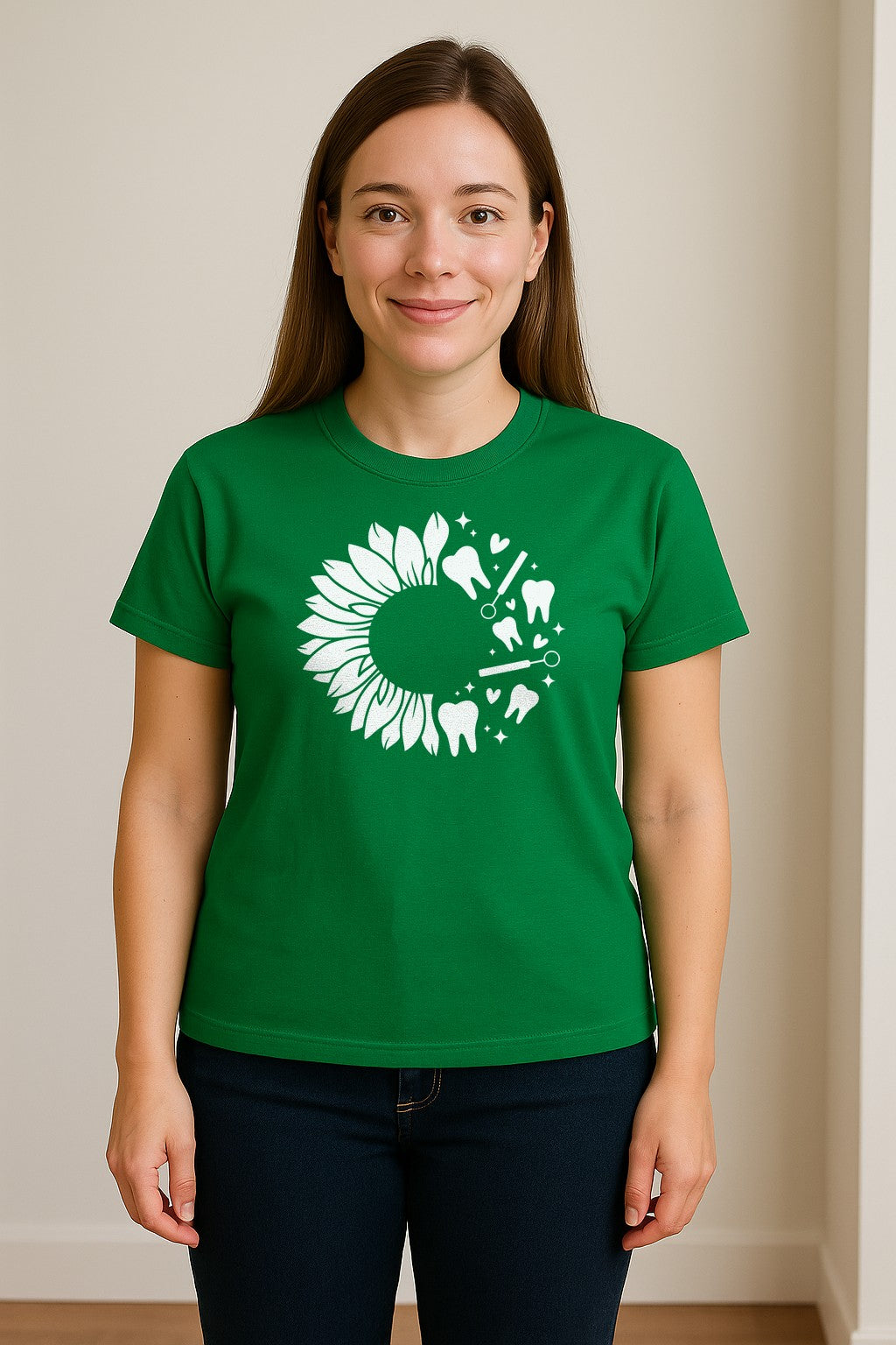 Dentist T-Shirt, Sunflower and Dental Tools Graphic for Hygienists, Students and Clinic Staff