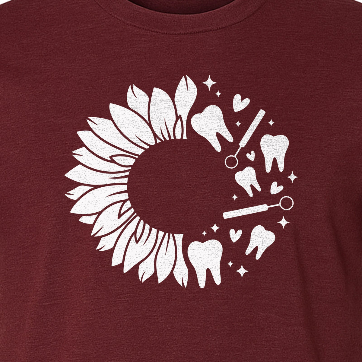 Dentist T-Shirt, Sunflower and Dental Tools Graphic for Hygienists, Students and Clinic Staff