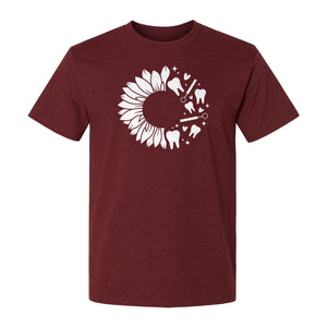 Dentist T-Shirt, Sunflower and Dental Tools Graphic for Hygienists, Students and Clinic Staff