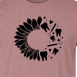 Dentist T-Shirt, Sunflower and Dental Tools Graphic for Hygienists, Students and Clinic Staff
