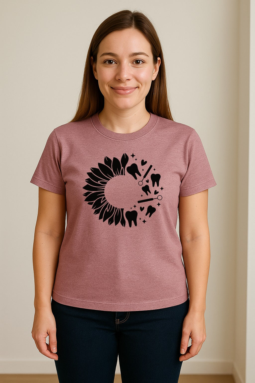 Dentist T-Shirt, Sunflower and Dental Tools Graphic for Hygienists, Students and Clinic Staff