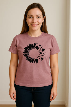 Dentist T-Shirt, Sunflower and Dental Tools Graphic for Hygienists, Students and Clinic Staff
