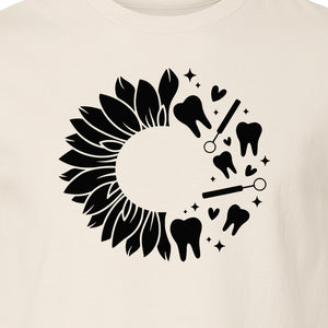 Dentist T-Shirt, Sunflower and Dental Tools Graphic for Hygienists, Students and Clinic Staff
