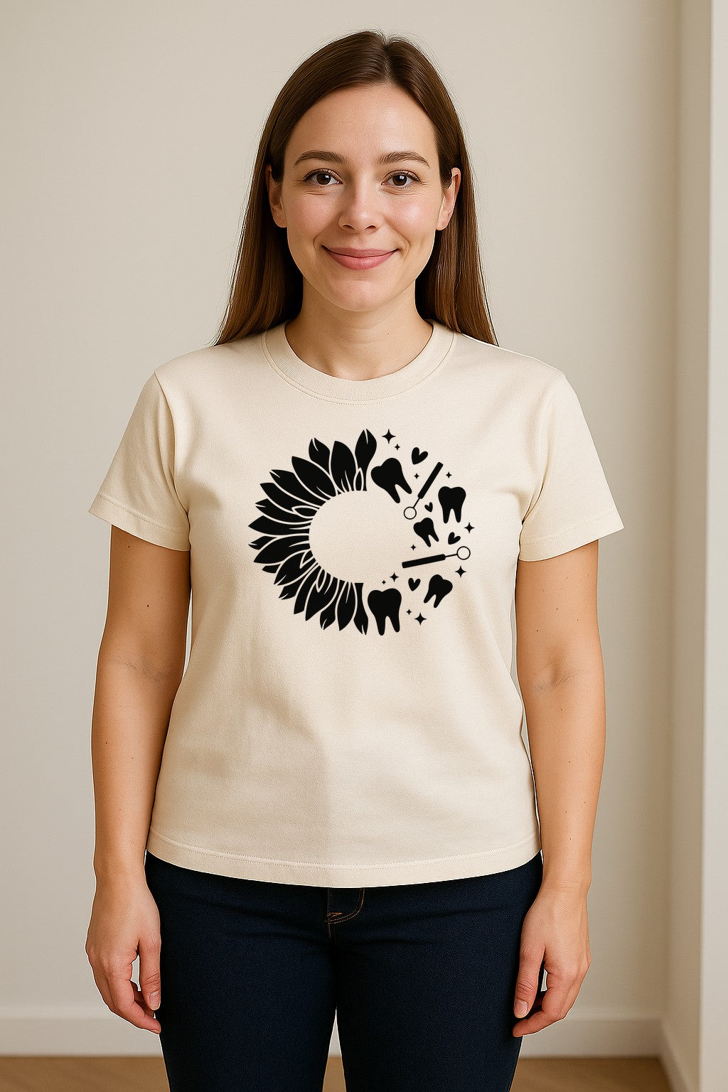 Dentist T-Shirt, Sunflower and Dental Tools Graphic for Hygienists, Students and Clinic Staff