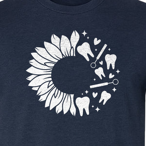 Dentist T-Shirt, Sunflower and Dental Tools Graphic for Hygienists, Students and Clinic Staff