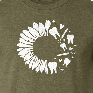 Dentist T-Shirt, Sunflower and Dental Tools Graphic for Hygienists, Students and Clinic Staff