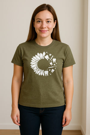 Dentist T-Shirt, Sunflower and Dental Tools Graphic for Hygienists, Students and Clinic Staff
