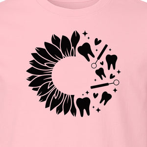 Dentist T-Shirt, Sunflower and Dental Tools Graphic for Hygienists, Students and Clinic Staff