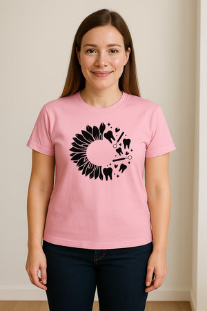 Dentist T-Shirt, Sunflower and Dental Tools Graphic for Hygienists, Students and Clinic Staff
