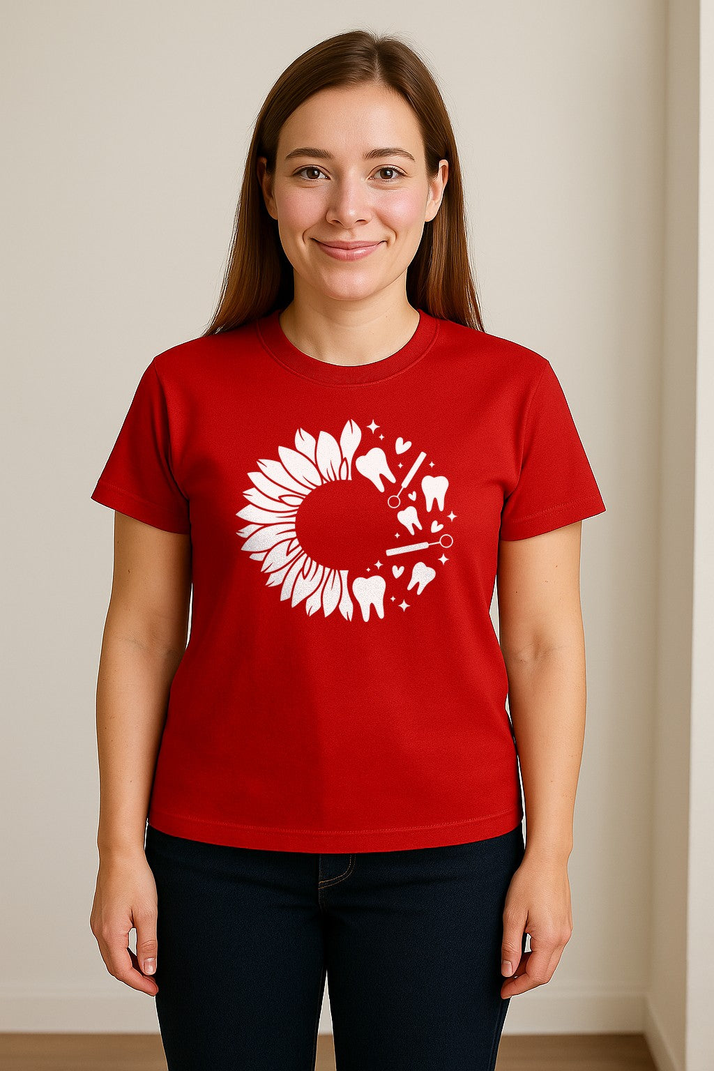 Dentist T-Shirt, Sunflower and Dental Tools Graphic for Hygienists, Students and Clinic Staff
