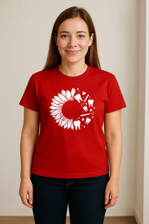 Dentist T-Shirt, Sunflower and Dental Tools Graphic for Hygienists, Students and Clinic Staff