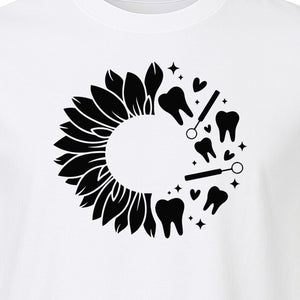Dentist T-Shirt, Sunflower and Dental Tools Graphic for Hygienists, Students and Clinic Staff