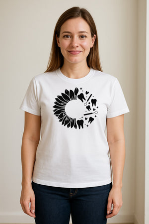 Dentist T-Shirt, Sunflower and Dental Tools Graphic for Hygienists, Students and Clinic Staff