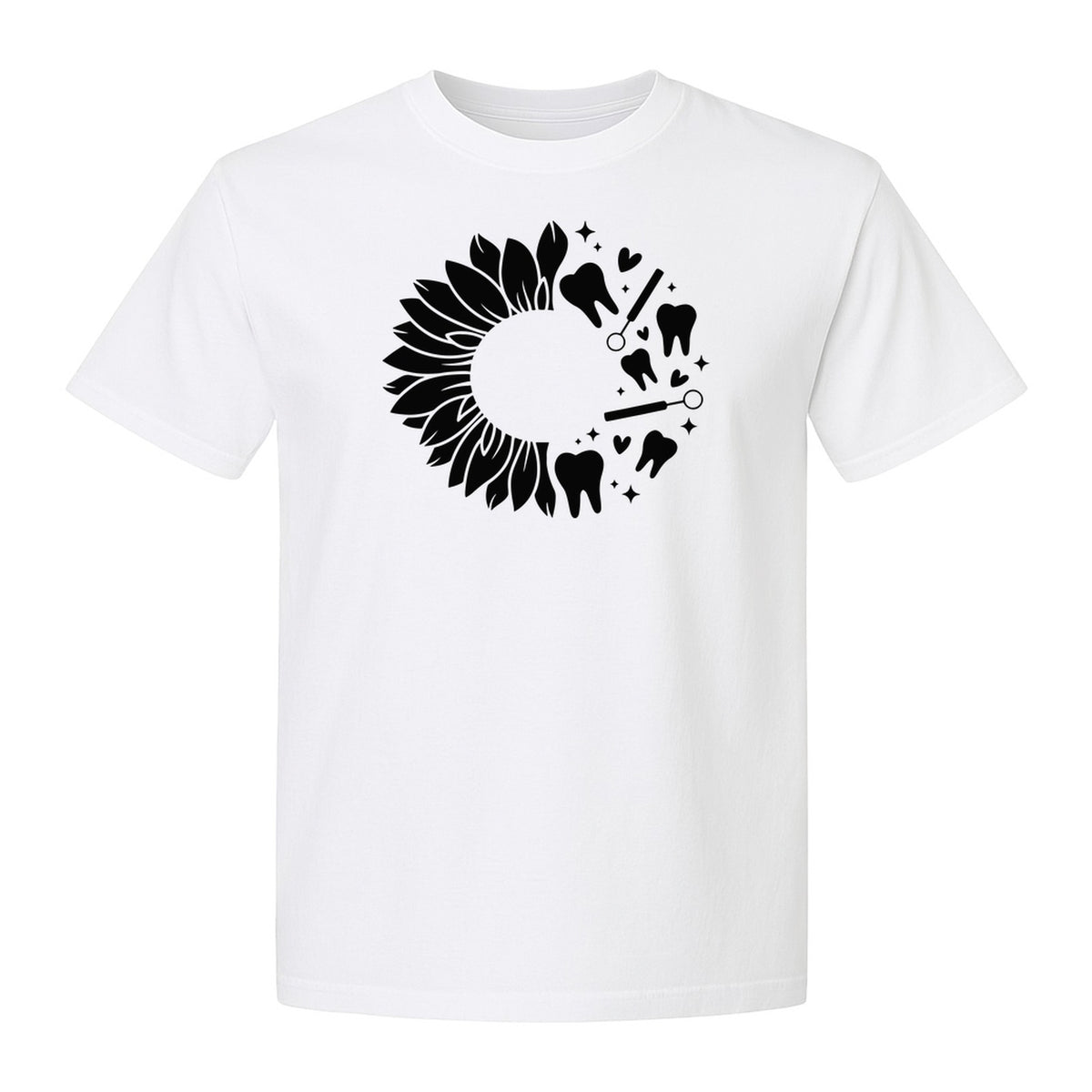 Dentist T-Shirt, Sunflower and Dental Tools Graphic for Hygienists, Students and Clinic Staff