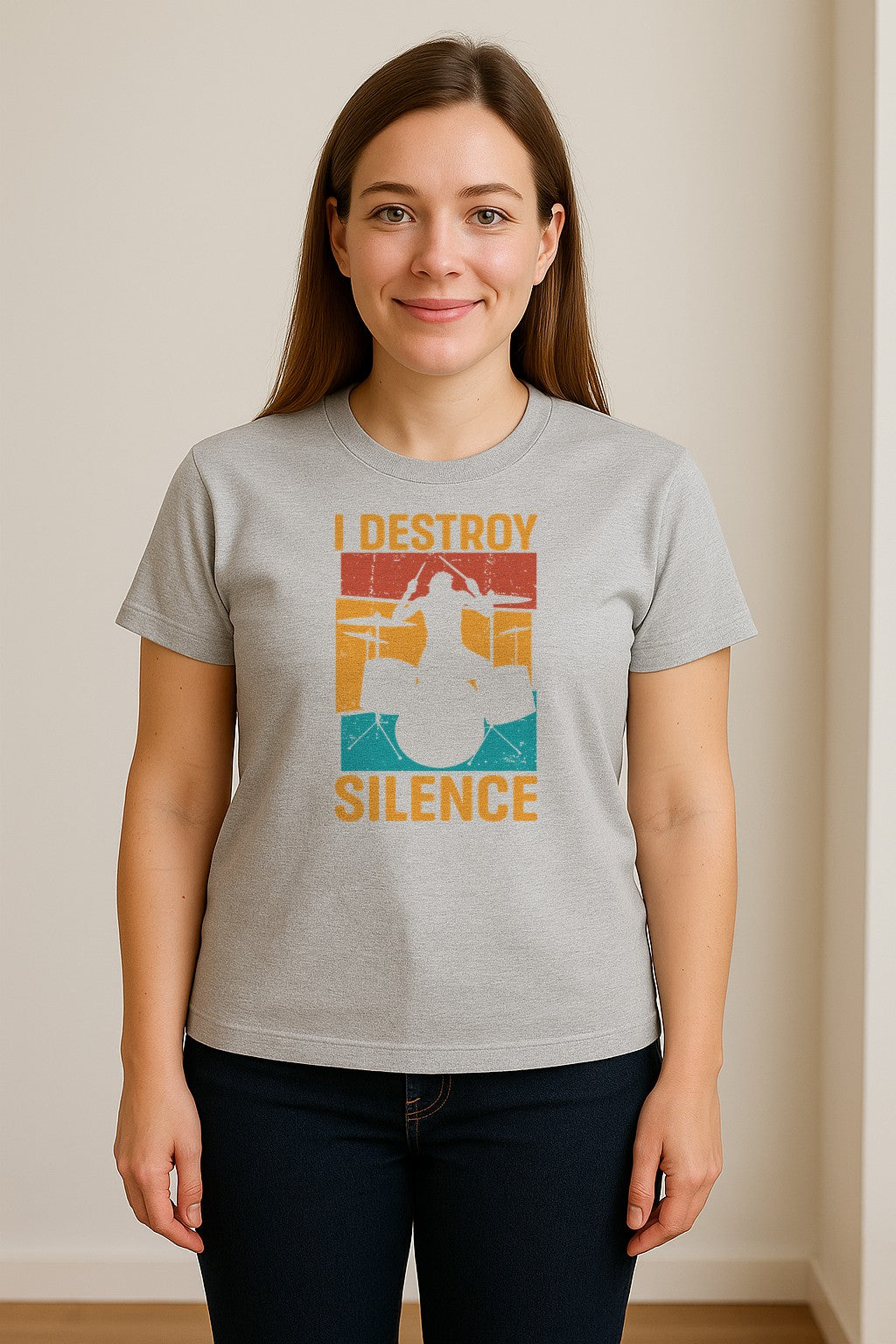 Drummer T-Shirt, I Destroy Silence Vintage Drum Set Graphic Gift for Musicians and Percussionists