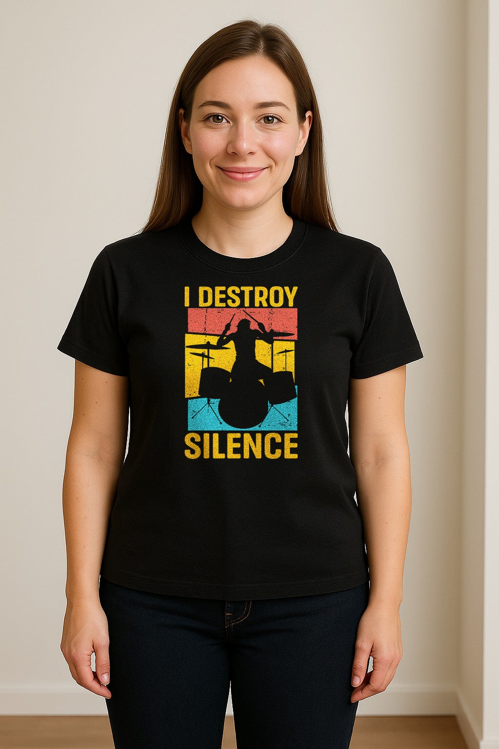 Drummer T-Shirt, I Destroy Silence Vintage Drum Set Graphic Gift for Musicians and Percussionists