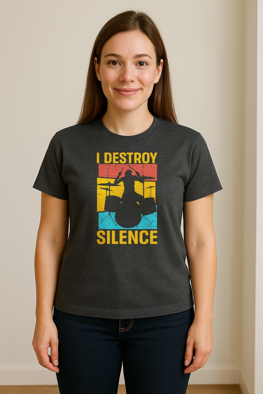 Drummer T-Shirt, I Destroy Silence Vintage Drum Set Graphic Gift for Musicians and Percussionists
