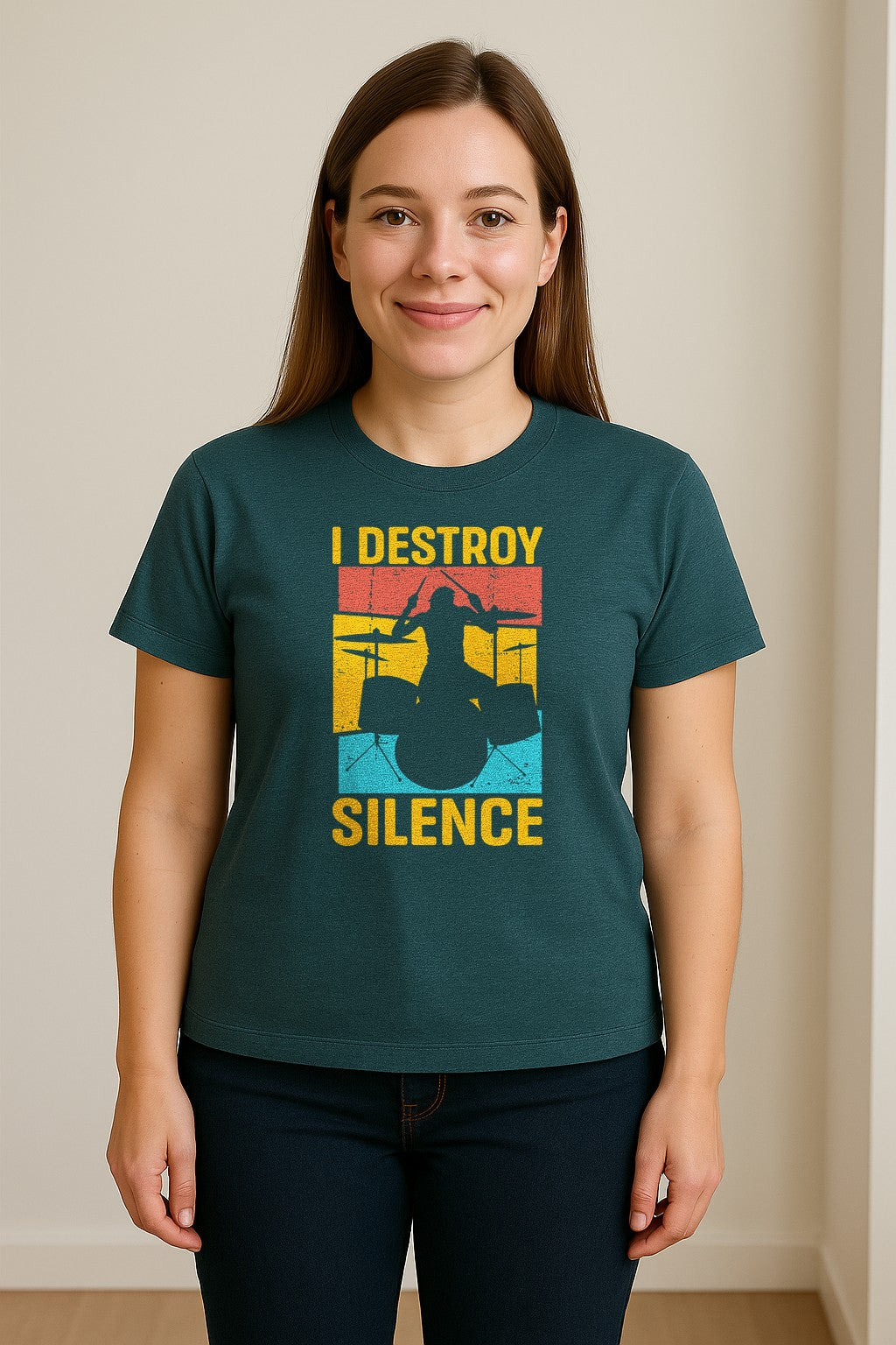 Drummer T-Shirt, I Destroy Silence Vintage Drum Set Graphic Gift for Musicians and Percussionists