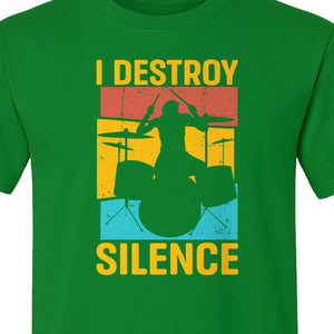 Drummer T-Shirt, I Destroy Silence Vintage Drum Set Graphic Gift for Musicians and Percussionists