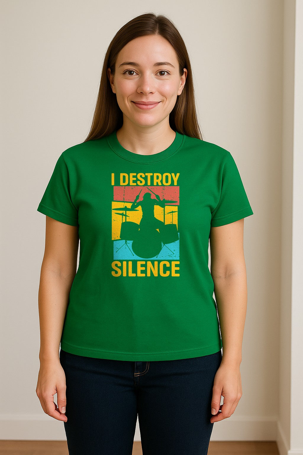 Drummer T-Shirt, I Destroy Silence Vintage Drum Set Graphic Gift for Musicians and Percussionists