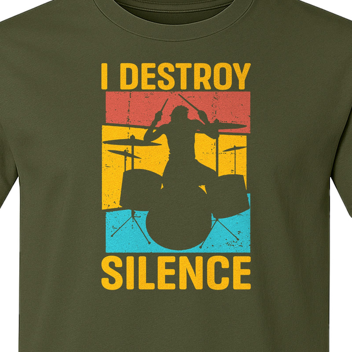 Drummer T-Shirt, I Destroy Silence Vintage Drum Set Graphic Gift for Musicians and Percussionists