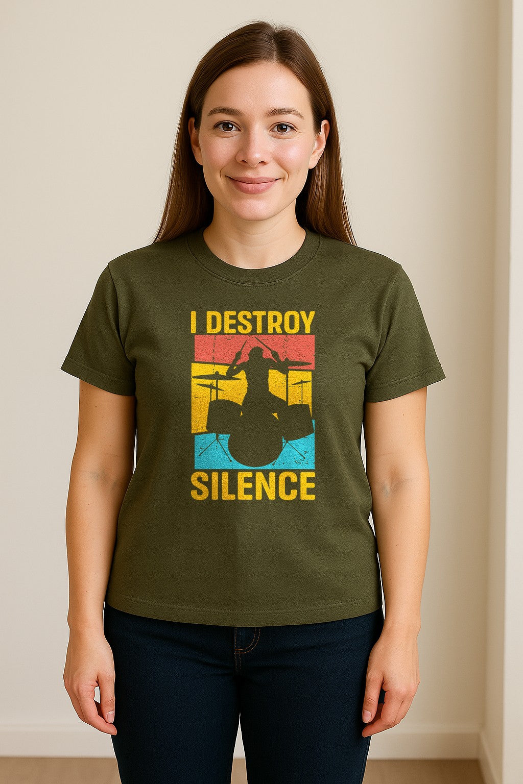 Drummer T-Shirt, I Destroy Silence Vintage Drum Set Graphic Gift for Musicians and Percussionists