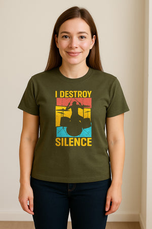 Drummer T-Shirt, I Destroy Silence Vintage Drum Set Graphic Gift for Musicians and Percussionists