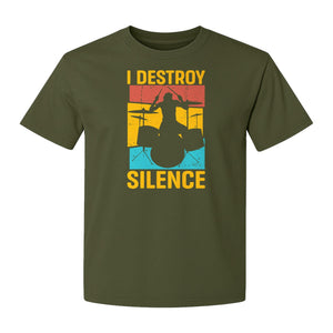Drummer T-Shirt, I Destroy Silence Vintage Drum Set Graphic Gift for Musicians and Percussionists