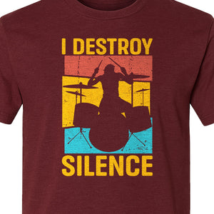Drummer T-Shirt, I Destroy Silence Vintage Drum Set Graphic Gift for Musicians and Percussionists