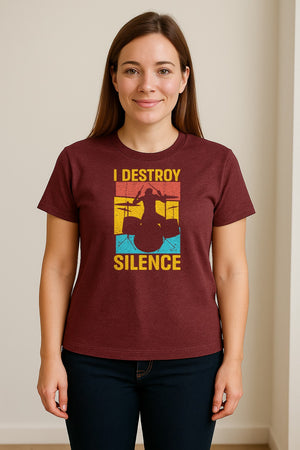 Drummer T-Shirt, I Destroy Silence Vintage Drum Set Graphic Gift for Musicians and Percussionists