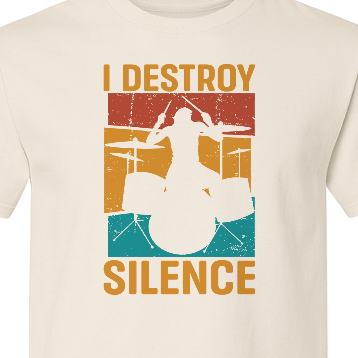 Drummer T-Shirt, I Destroy Silence Vintage Drum Set Graphic Gift for Musicians and Percussionists