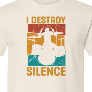 Drummer T-Shirt, I Destroy Silence Vintage Drum Set Graphic Gift for Musicians and Percussionists