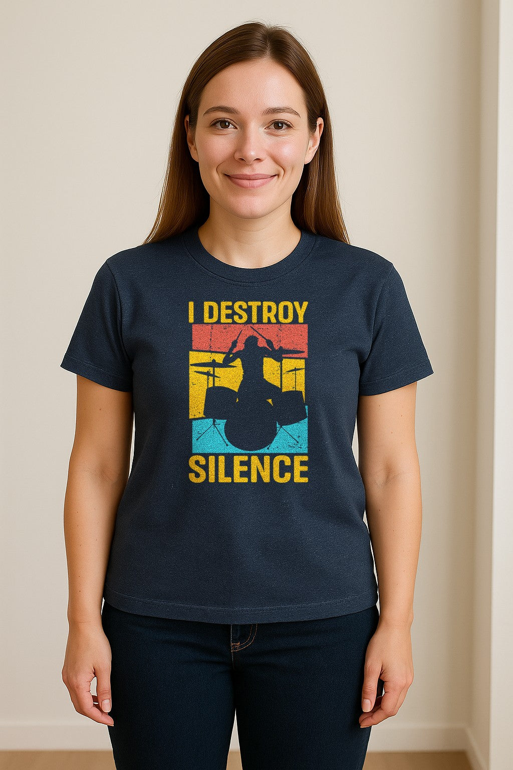 Drummer T-Shirt, I Destroy Silence Vintage Drum Set Graphic Gift for Musicians and Percussionists