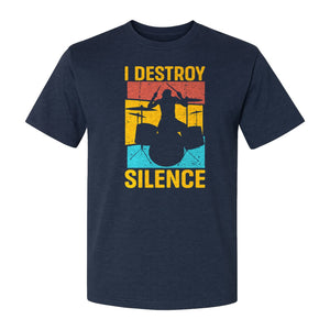 Drummer T-Shirt, I Destroy Silence Vintage Drum Set Graphic Gift for Musicians and Percussionists