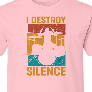 Drummer T-Shirt, I Destroy Silence Vintage Drum Set Graphic Gift for Musicians and Percussionists
