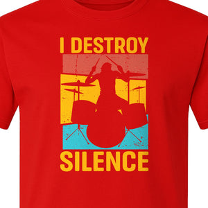 Drummer T-Shirt, I Destroy Silence Vintage Drum Set Graphic Gift for Musicians and Percussionists