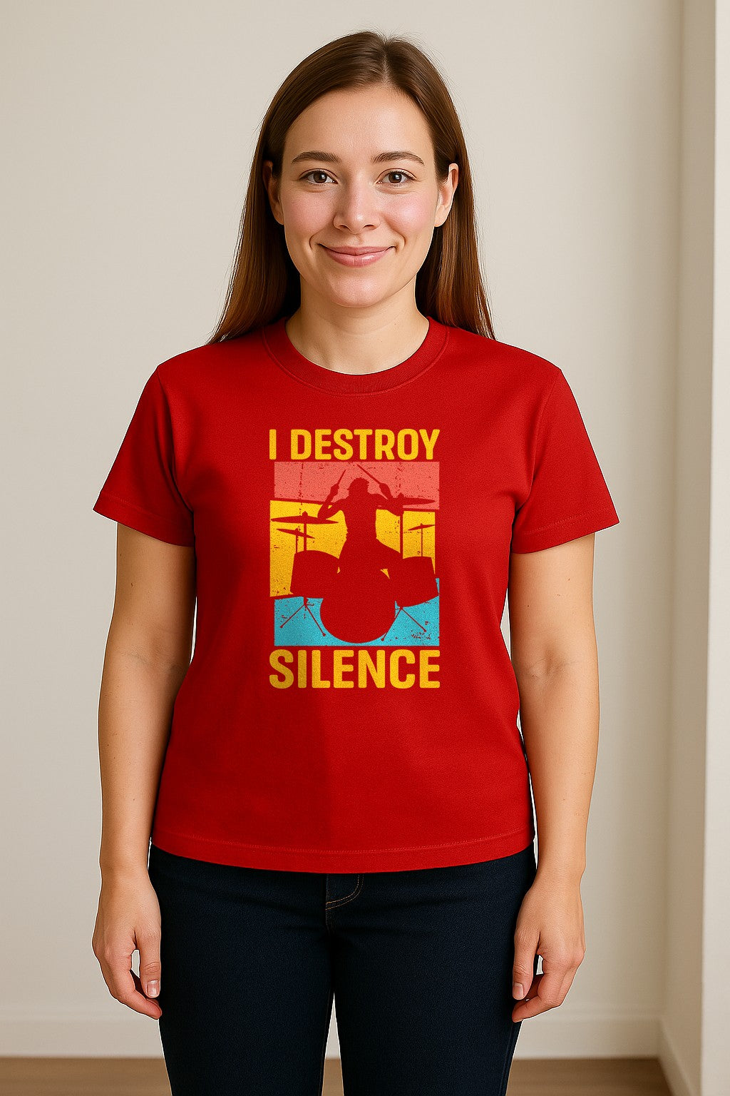 Drummer T-Shirt, I Destroy Silence Vintage Drum Set Graphic Gift for Musicians and Percussionists
