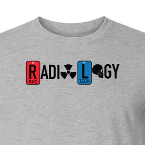 Radiology Tech T-Shirt, Red Rad and Blue Tile Lettering Design for Medical Imaging Professionals