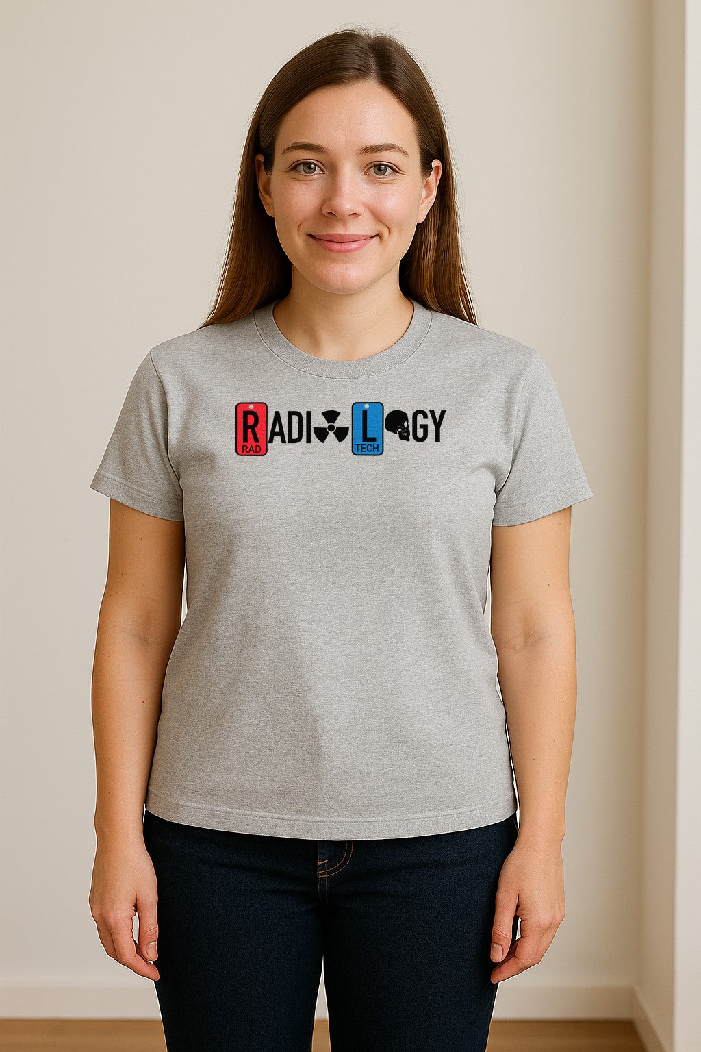 Radiology Tech T-Shirt, Red Rad and Blue Tile Lettering Design for Medical Imaging Professionals