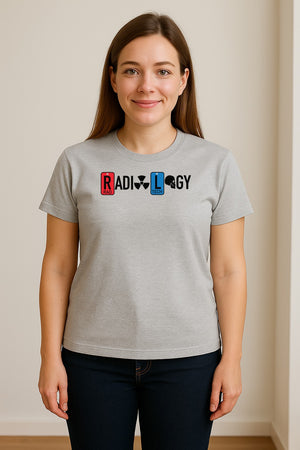 Radiology Tech T-Shirt, Red Rad and Blue Tile Lettering Design for Medical Imaging Professionals