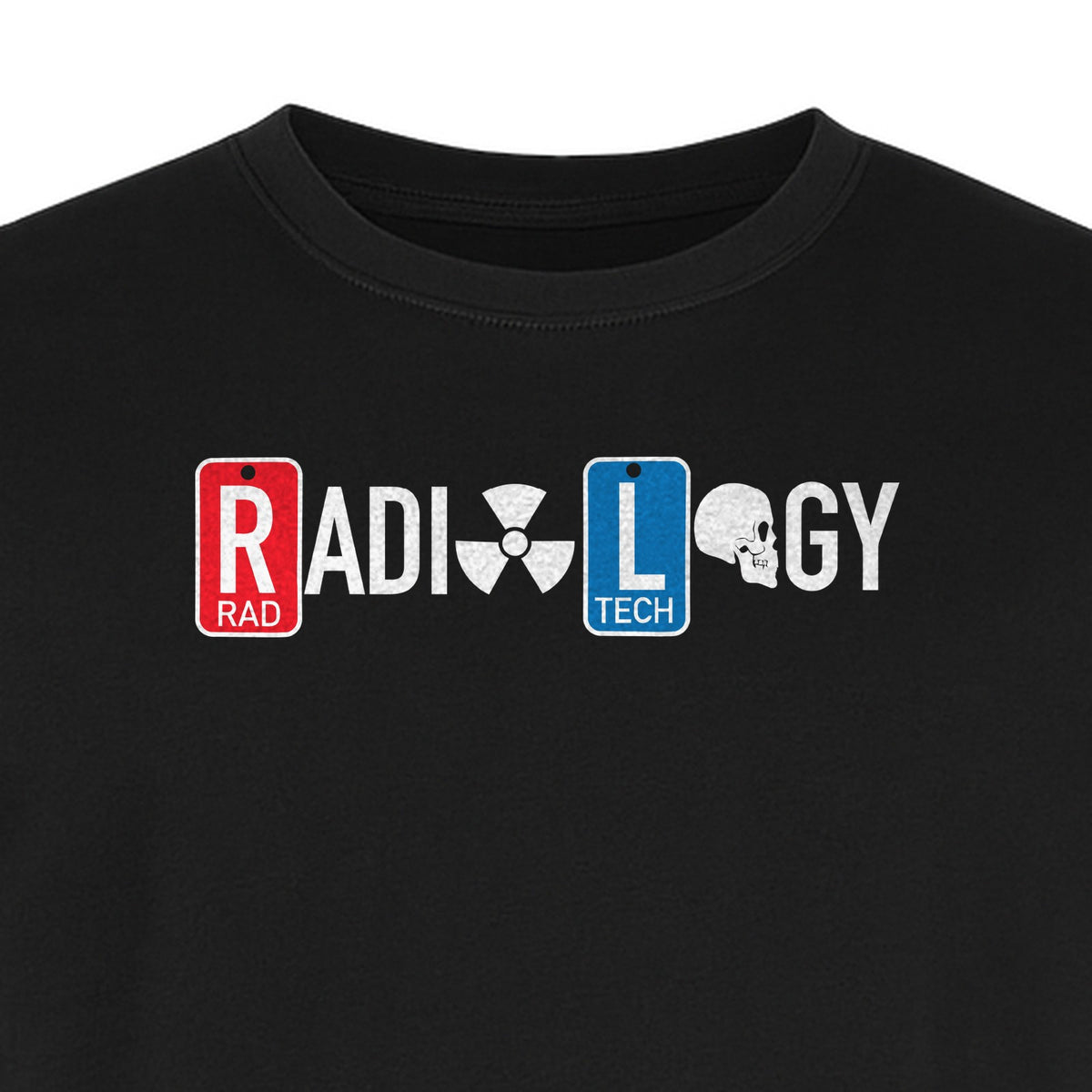 Radiology Tech T-Shirt, Red Rad and Blue Tile Lettering Design for Medical Imaging Professionals