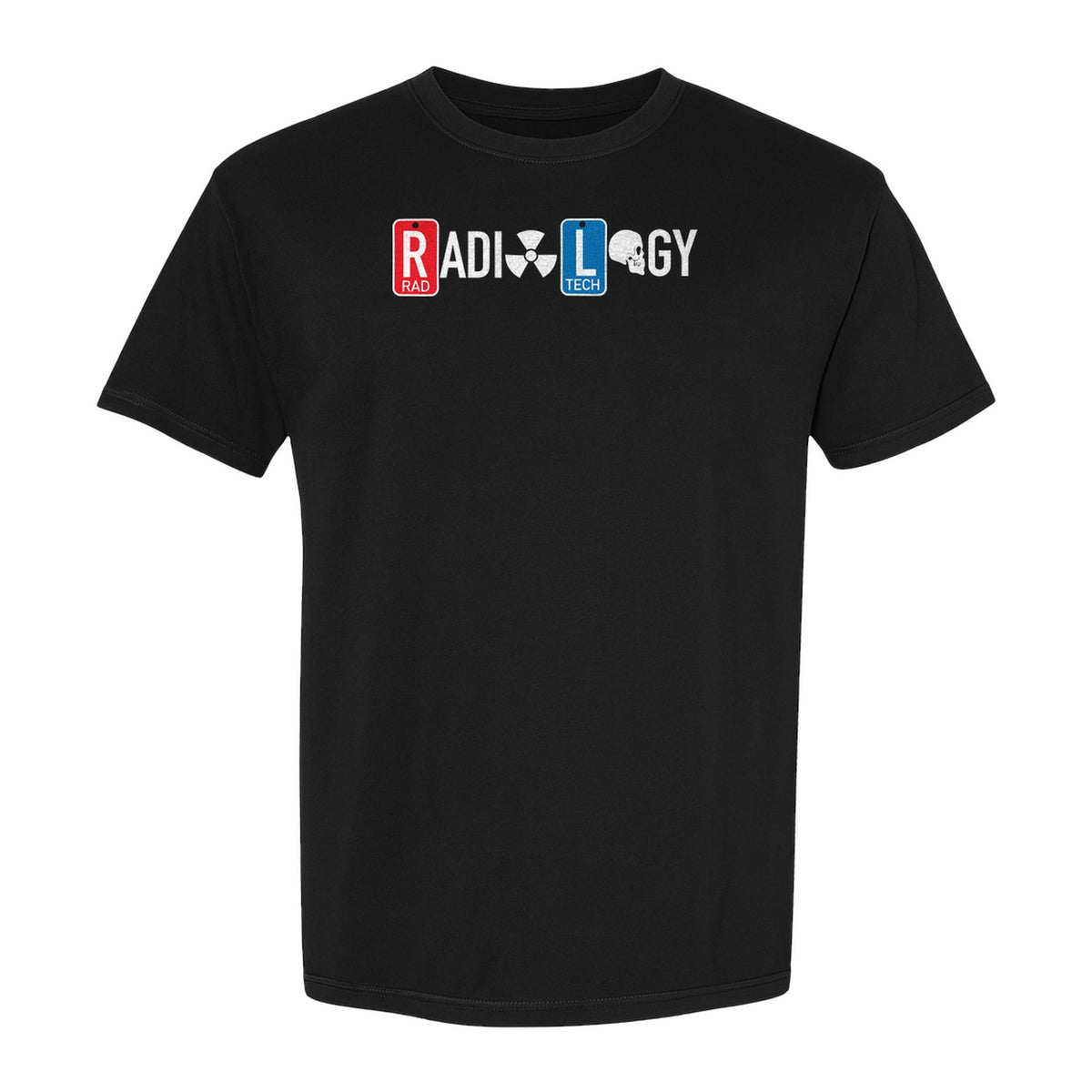 Radiology Tech T-Shirt, Red Rad and Blue Tile Lettering Design for Medical Imaging Professionals
